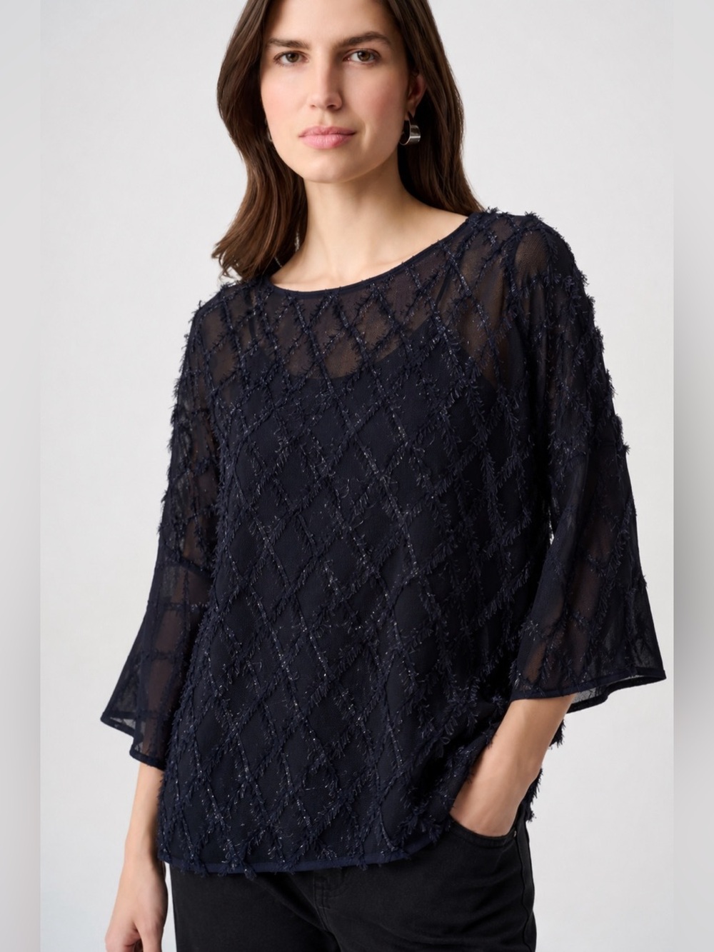 AUDRA Silk Blend Sheer Textured Fringe Blouse Navy Blue Women Size XL